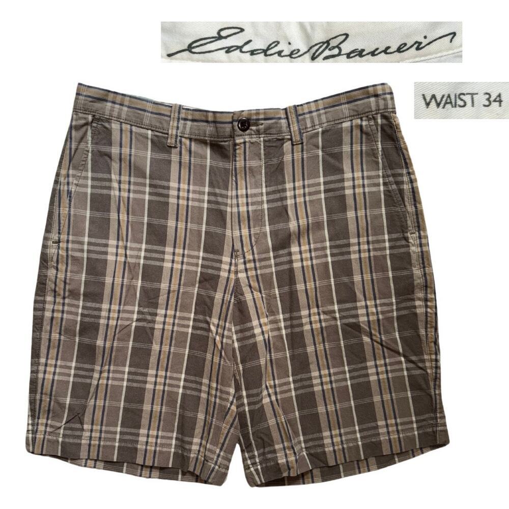NWT Eddie Bauer Plaid Flat Front Mens Shorts Brown Size 34 10 in Inseam Menswear
